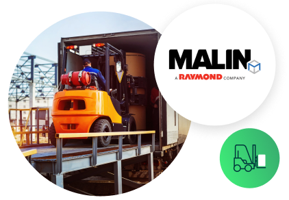 Malin case study image of forklift driving onto truck, malin logo, and equipment icon